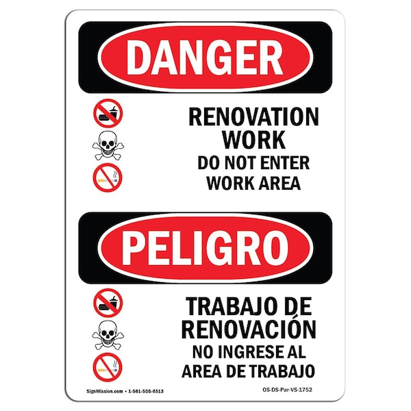 Safety Sign, OSHA, 5" Height, Renovation Work Do Not Enter Work Area, Span, 10PK